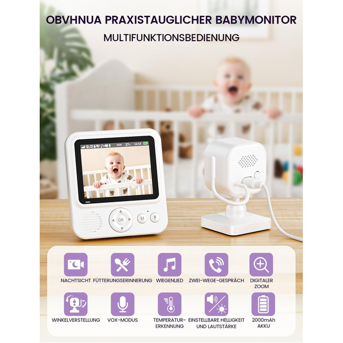 Дитячий відеоняня OBVHNUA з камерою 720p IPS, 2.8' екраном, акумулятором 2000mAh, цифровим зумом, функцією VOX, двостороннім аудіо, нічним баченням, контролем температури та колисковою