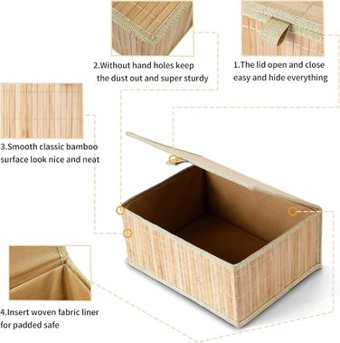 Honeycomb Storage Basket with Lid, Woven - Bamboo Decor Storage Boxes, Set of 3 Rattan Basket with Lid, Woven Fabric Insert for Bathroom, Kitchen, Shelf Organization (Large/Medium/Small)
