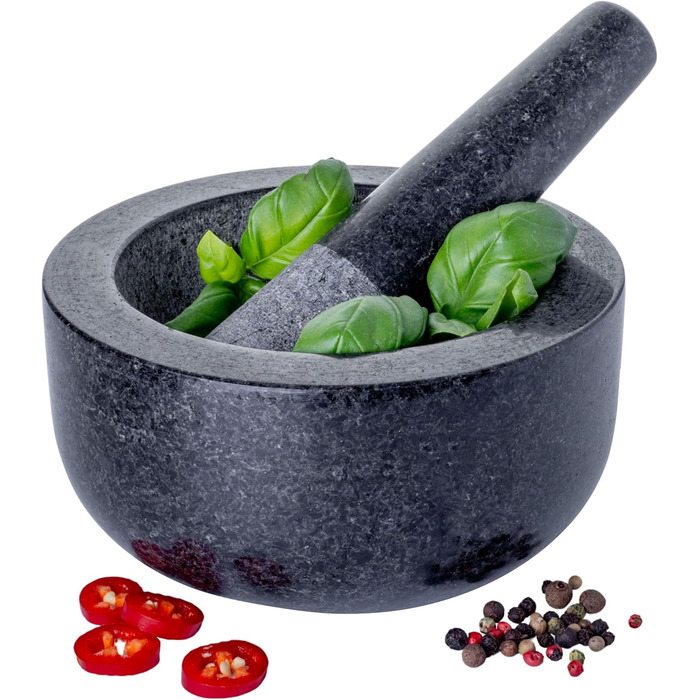 Набір ступка та товкачок Homiu Premium з натурального граніту, великий діаметр 15.5 см, сірий мармур