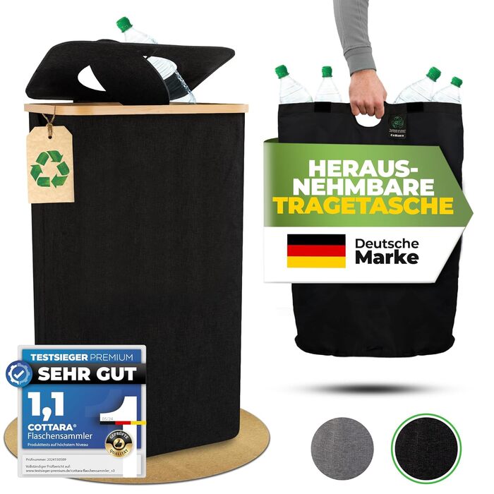 Deposit bottle collection container with lid and carrying bag | Deposit container with holes, rotatable | Ideal deposit bottle storage, empty container collection container, bottle collector (Black, without print)