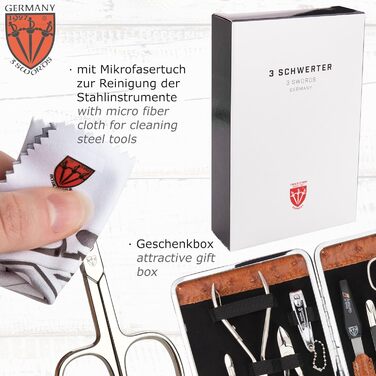 Набір для манікюру DREI SCHWERTER 'Fano' - 11 предметів (ніж для нігтів, щипчики, ножиці) у стабільному етою - колір коньяк/штучний шовк