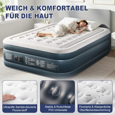 Надувний матрац LEADZM для двох осіб з електронасосом, 203x152x46 см, сірий. Самороздувний, флок + PVC, до 295 кг