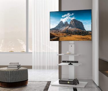 FITUEYES TV Stand White Series-S - 32-65 Inch, 40kg Capacity, Adjustable Height, Swivel & Tilt, 400x600 VESA, 3 Shelves