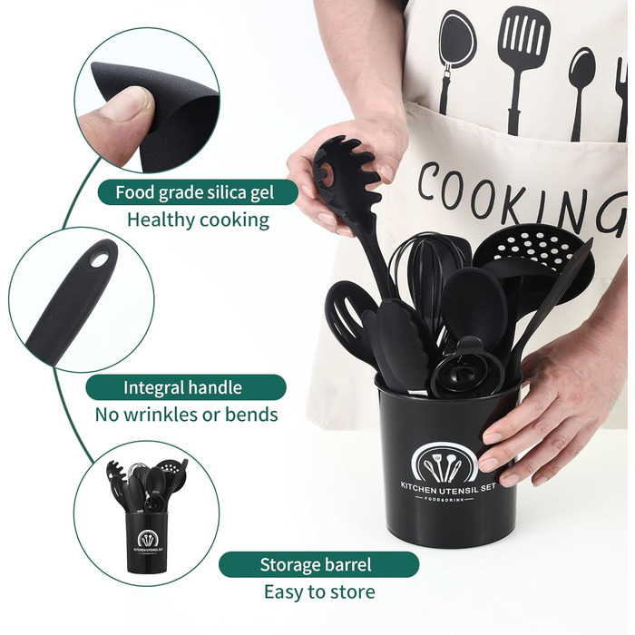 Набір кухонних помічників 43 шт. Силіконовий набір лопаток для приготування їжі, стійкий до високих температур та з антипригарним покриттям. Набір кухонних аксесуарів бежевого кольору з контейнером, гачком для зберігання, придатний для миття в посудомийні
