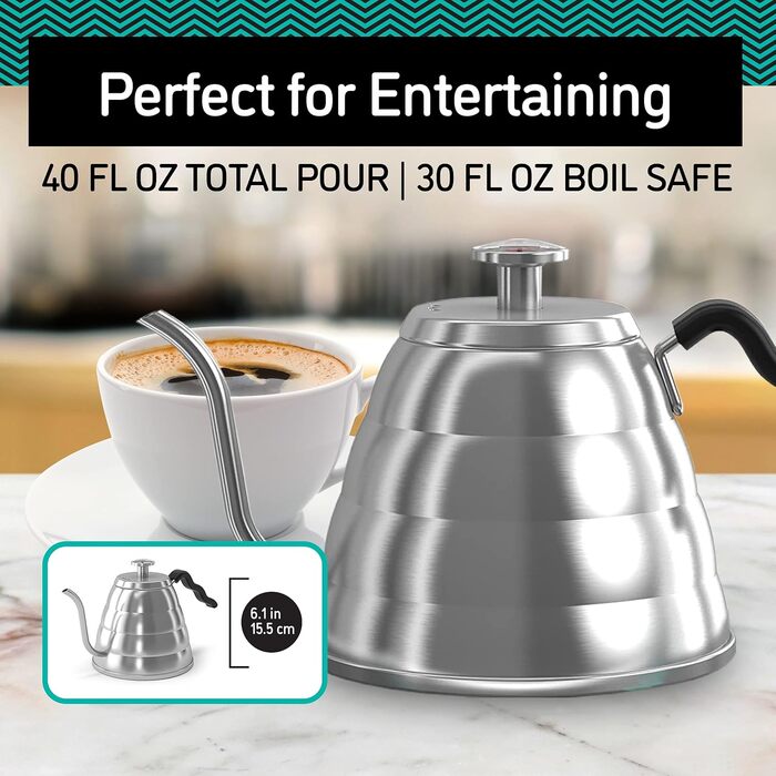 Чайник з гусиною шийкою Coffee Gator, 1200 мл, нержавіюча сталь, з термометром для плити, високоякісний чайник для чаю та кави, прецизійний носик, 5 чашок
