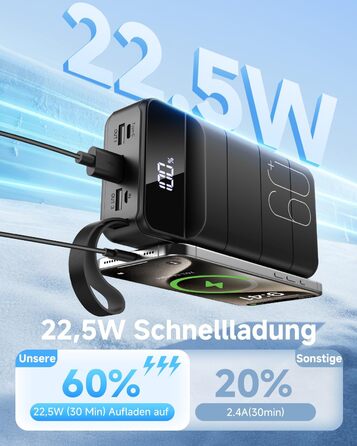 Power Bank 60000mAh 22.5W USB-C PD, Зовнішній акумулятор для смартфонів, планшетів, чорний
