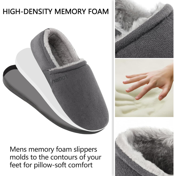 Чоловічі мокасини-домашні тапочки Riehmot з м'якою підошвою з гуми, з підкладкою Sherpa, теплі, з м'якою піною Memory Foam, сірі, розмір EU 42-47
