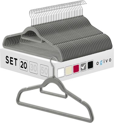 Плечики для одягу OGIVO, набір з 20 шт., сірі - антиковзаючі, для краваток, з поворотним гачком, з вирізами для плечей