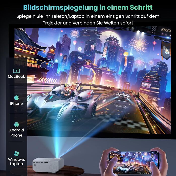 HOPVISION Міні проєктор Beamer WiFi Bluetooth Full HD 1080P 4K з зумом, 12000 Lumens. Підтримка: Smartphone, HDMI, USB, Laptop, Fire Stick, PS5. Екран 300 дюймів.