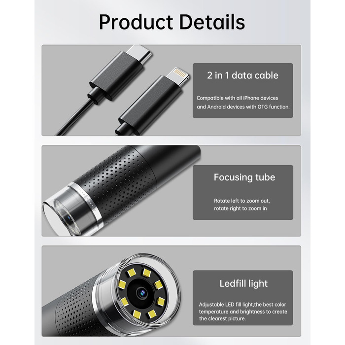 USB мікроскоп для смартфона, 1080P HD, 10-200x, з LED підсвічуванням, сумісний з iOS, Android, Tablet