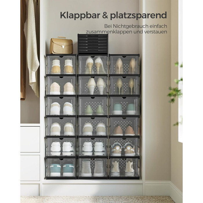 SONGMICS Shoe Cabinet Set, with 18 Shoe Boxes, Integrated Shoe Organizer, Foldable, Portable, for Shoes up to Size 46, 1-Minute Assembly, Transparent-Cloud White LSP207W01 (Transparent + Ink Black, 3)