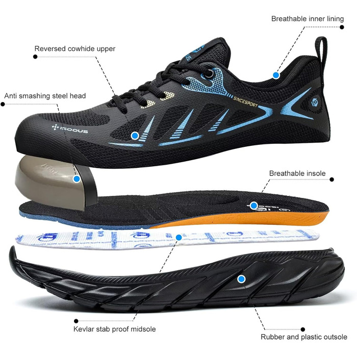 Черевики робочі чоловічі/жіночі ISOOUS з металевим підноском, спортивні, антиковзаючі, дихаючі, захисні (37 EU, блакитні)