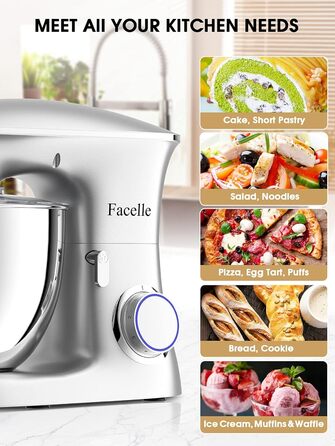 Facelle 2000W 8.5L Stand Mixer - Heavy Duty Dough & Bread Machine with Whisk, Dough Hook, Beater & Splash Guard for Baking Cakes, Cookies & Kneading - 6+ Speed (Silver)
