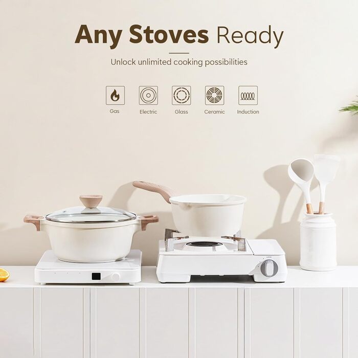 Набір посуду Kordisen з антипригарним покриттям, 5 предметів: каструлі та сковороди, кераміка, білий. Підходить для індукційних плит, без PFOA та PFAS