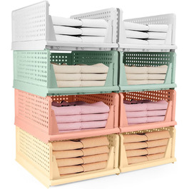 Diealles Stackable Drawer Boxes, 4 Pack Closet Organizer Pull Out, Plastic Drawer Insert Closet, Foldable Closet Drawers for Clothes Closet Pantry(White) (8 Pack Color)