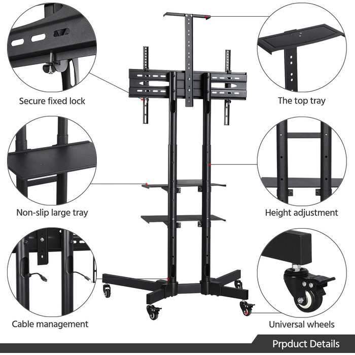 Yaheetech Rolling TV Stand with Brakes - Adjustable Height, 3 Shelves, VESA 100x100 to 600x400 - Fits 32-75 inch TVs