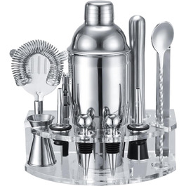 Cocktail Shaker Set, Stainless Steel Cocktail Set with 12-Piece Bar Accessories, 750ml Shaker Bartender Set with Stand, Cocktail Machine Bar Set for Home, Gifts for Men Dad Bartender (Silver)