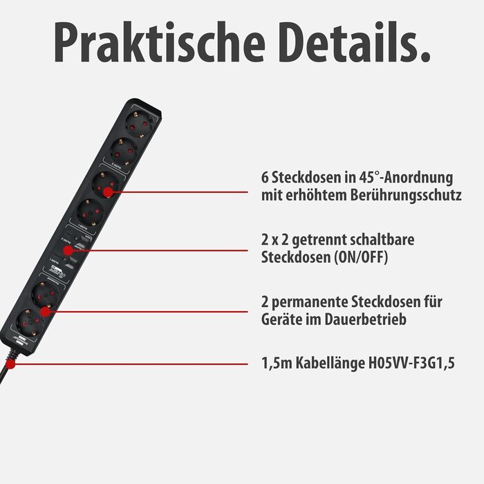 Розумний подовжувач Brennenstuhl Connect Eco-Line WiFi на 6 розеток, керування через додаток, Alexa та Google Assistant, кабель 1.5м, чорний