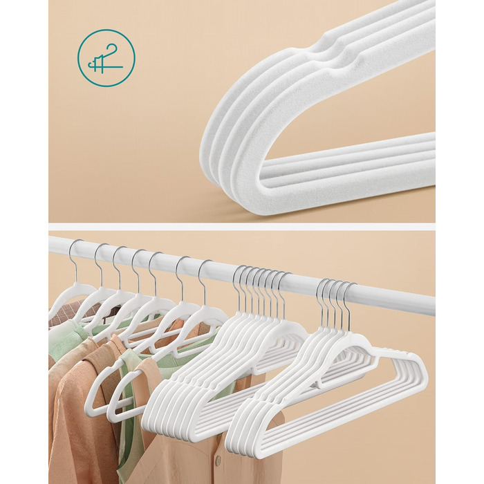 Плечики для одягу SONGMICS, велюрові, 50 шт., для пальто, штанів, краваток, обертовий гачок, 43,5 см, срібно-білий