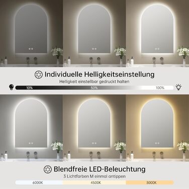 Дзеркало для ванної кімнати з підсвічуванням, арочне, без рами, 75x50 см. Touch-вимикач, регулювання яскравості, 3 кольори світла, антизапар