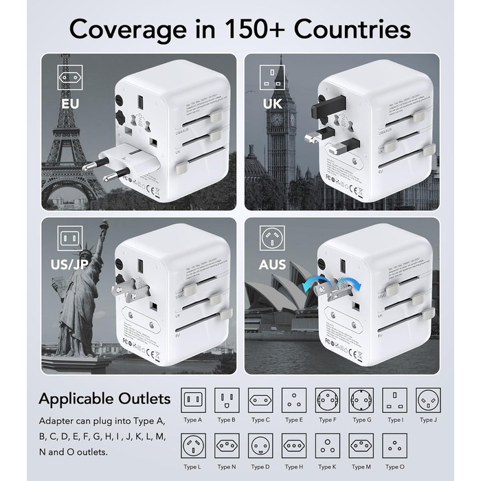 Зарядний пристрій USB C 65W, 3 порти, з кабелем 2м, для MacBook, iPhone, Switch, Galaxy, Tablet, Laptop