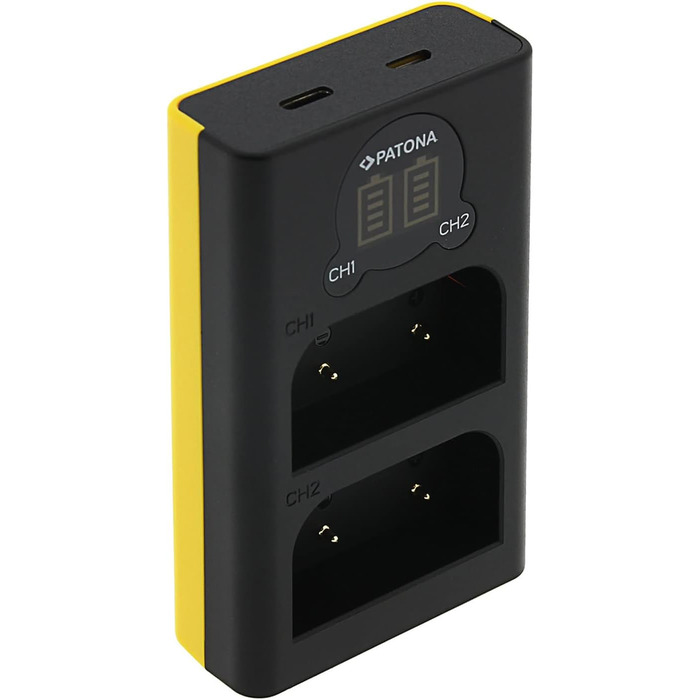 Зарядний пристрій Patona Dual LCD USB-C/Micro-USB для акумуляторів Olympus BLX-1 (OM System OM-1, OM-1 Mark II, OM-3) – одночасна зарядка 2-х акумуляторів з індикацією заряду, компактний для подорожей