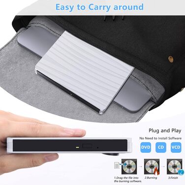 Зовнішній DVD-привід USB 3.0 та Type-C, портативний CD/DVD+/-RW записувач для ноутбука, ПК, MacBook, Windows, MacOS, Linux (Білий)