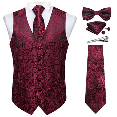 Набір DiBanGu для чоловіків: шовкова жилетка та краватка з візерунком Paisey, бант, формальна жилетка для весілля, вечірки, 6 шт. (L, Бордовий)