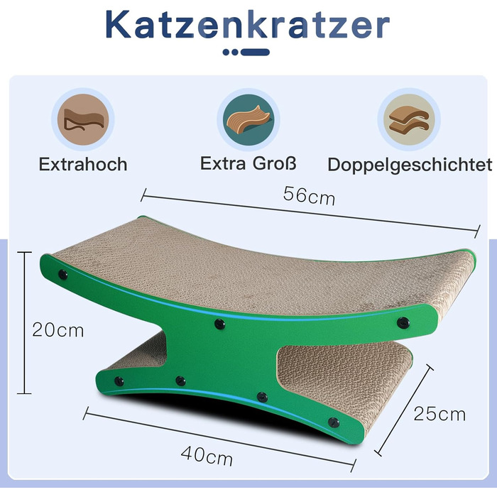 Котячий когтетоп з будиночком - XL когтетоп з подвійною стороною з гофрокартону 56x26x20cm - Стабільне ліжко-лежанка з м'ячем (натуральне дерево)