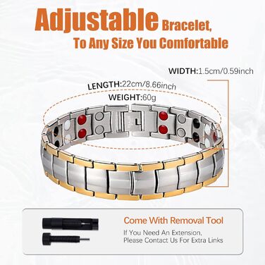 Браслет на магніті для чоловіків, титанової сталі, з магнітами 3500 Гаусс, регульований, з інструментом для зняття та подарунковою коробкою