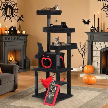 Кігтеточка YITAHOME Готичний XL, 160 см, велика та стійка, з 4 колонами з сизалю, 1 дощечкою для шліфування, гамаком, 2 підвісними кулями-павуками, платформами для сну, чорна, 48 x 60 x 160 см