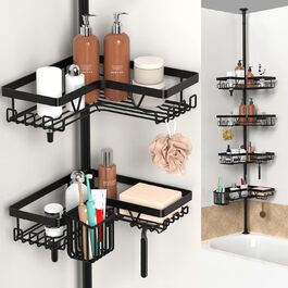 Настінна поличка для душу YIGII з телескопічною штангою, з нержавіючої сталі, чорна, 4 яруси, без свердління, з тримачем для зубних щіток, регульована 63.5–290 см