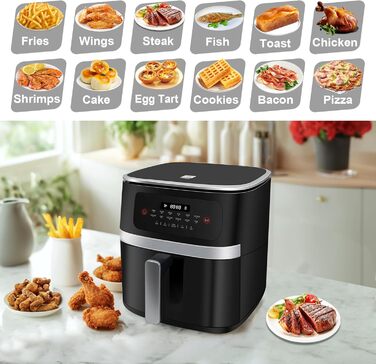 Фритюрниця без олії 7L XXL з сенсорним екраном, 12 програм, 1800W (Чорний/Сірий)