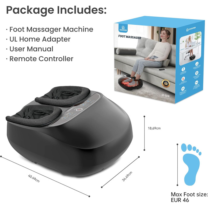 Масажер для ніг Comfier Shiatsu з підігрівом - електричний масажер для ніг з 3D-кнедуванням, роликами та повітряною компресією, 3 рівні інтенсивності для втомлених м'язів та підошви, чорний, 34.5X18.7X40.5cm