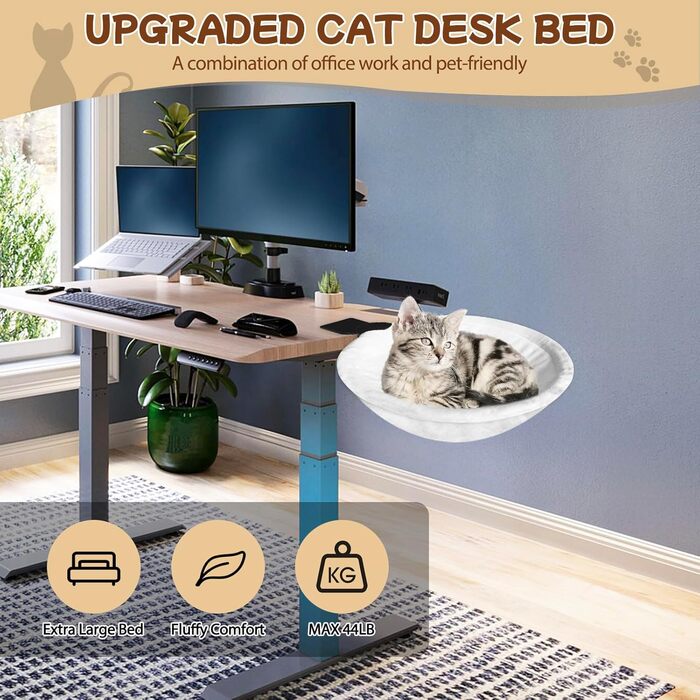 Ліжко-стіл для котів Homegroove, велике та економне, до 23 кг, м'яка гамак з штучного хутра для офісу та геймерів, знімне та пральне (біле)