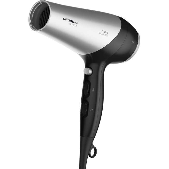 Фен GRUNDIG HD 6080 B 2200 Вт з іонізацією, керамічним покриттям та 3 режимами температури, чорний/срібний (2023)