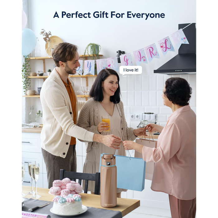 Розумна пляшка для води WATERH Boost з нагадуванням та трекером, 946 мл, нержавіюча сталь, подвійні стінки, широке горлечко, ідеальний подарунок (Mocha Mouse)