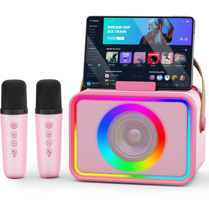 Караоке Машина з 2 Мікрофонами: Портативна Bluetooth Колонка для Караоке з Мікрофонами - Ідеальний Подарунок для Дорослів та Дітей на Різдво та День Народження (Квітково-Рожевий)