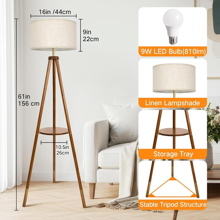 OUTON LED торшер з регулюванням яскравості, тринога, дерево з полицею, пульт дистанційного керування, 4 колірні температури, таймер на 1 годину, штатив, абажур кольору беж для вітальні, спальні, офісу (волоський горіх-золото)