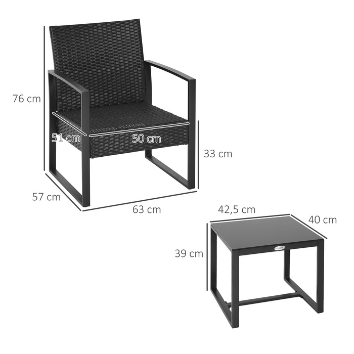 Набір садових меблів Outsunny з ротангу Polyrattan на 2 особи, меблі для балкона з подушками, чорного кольору, стійкі до погодних умов та сучасного дизайну для тераси та саду