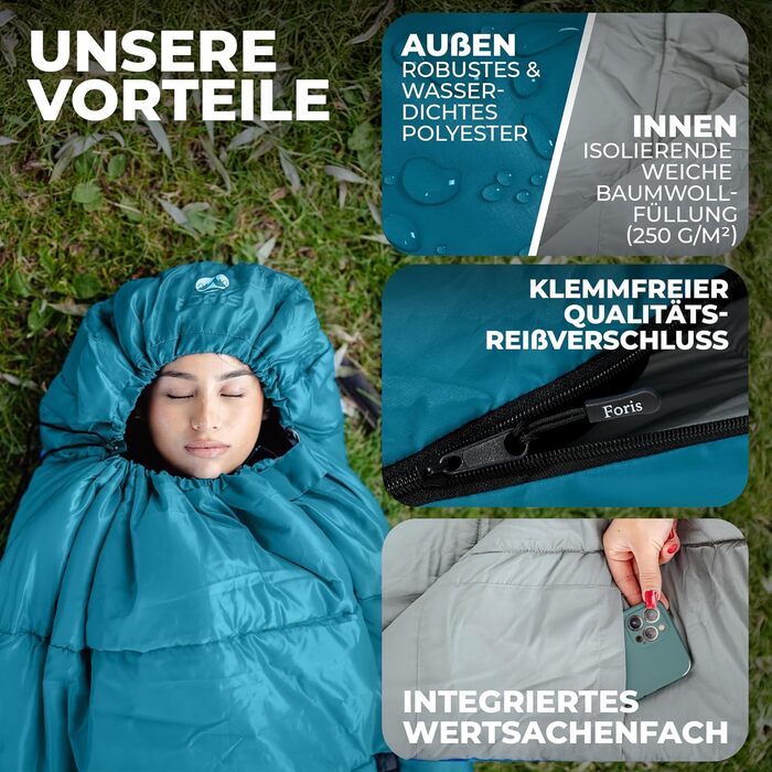 Спальний мішок Foris® Mumienschlafsack: 3-4 сезони, -10-25°C, 80x215 см, водовідштовхувальний, для кемпінгу та фестивалів, блакитний