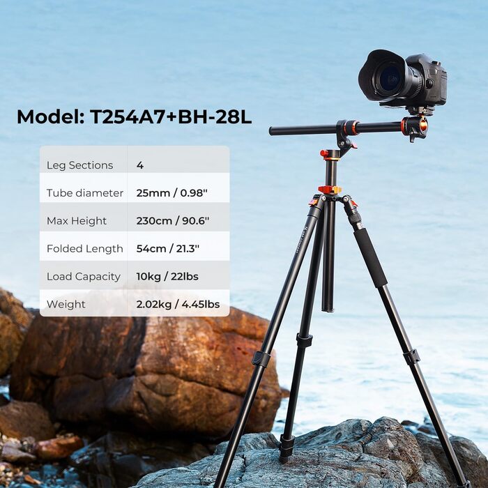 Штатив K&F Concept T254A7+BH-28L для камери, 230 см, з кульковою головкою, 10 кг, для зовнішньої та внутрішньої зйомки