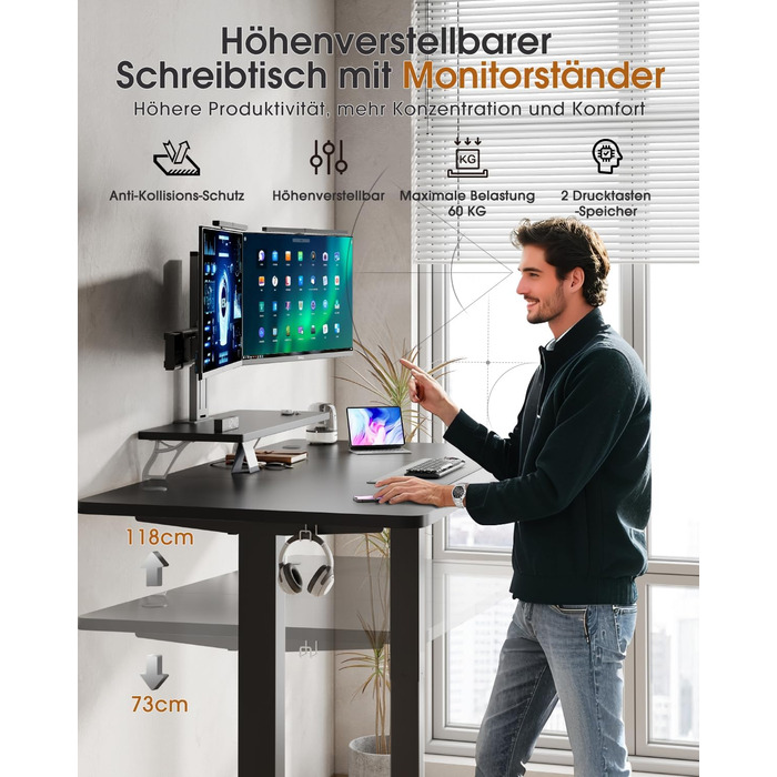 Adjustable Height Standing Desk with Monitor Stand - Electric Ergonomic Desk, 120x60cm & 180x80cm White/Black
