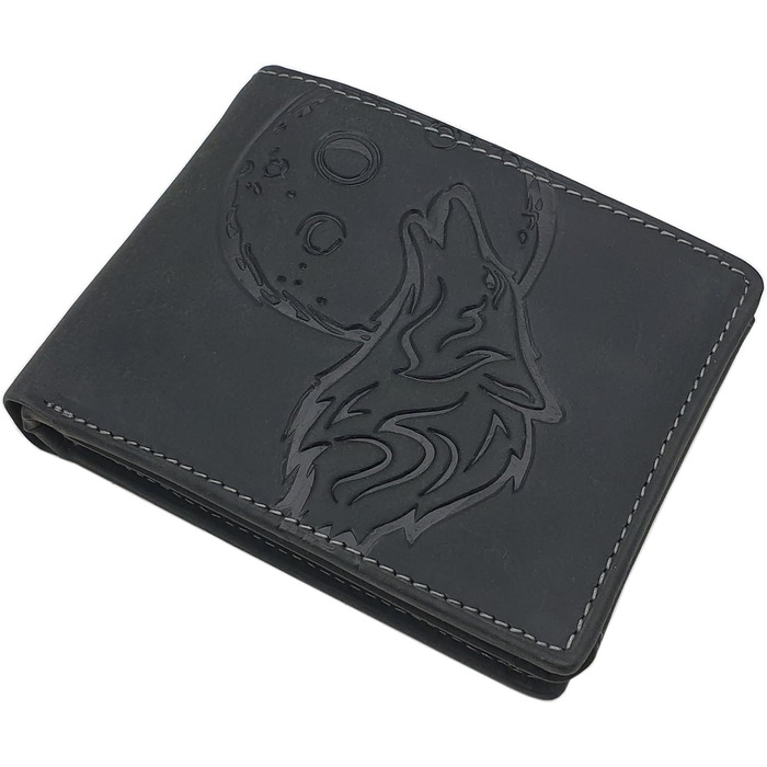 myledershop Genuine Buffalo Leather Wallet/Bifold Wallet/Card Holder/Money Bag in Portrait or Landscape Format with Wolf Motif and RFID & NFC Protection (Model 2 / Landscape/Black)