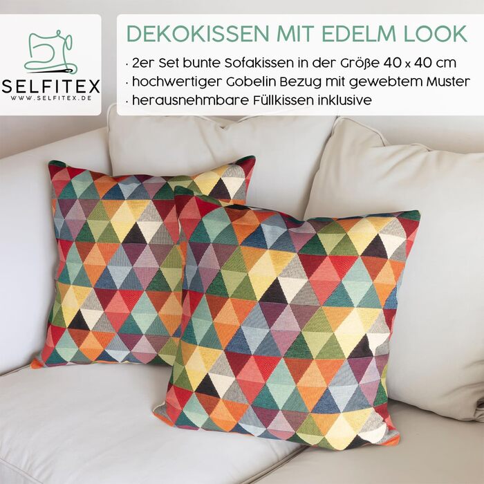 Selfitex 2-Piece Set 40x40 Colorful Throw Pillows including Cushion Inserts, Luxury Throw Pillows, Colorful Couch Pillow Set, High-Quality Couch Pillow Cover with Zipper, Colorful Pillow Decoration (Triangle)