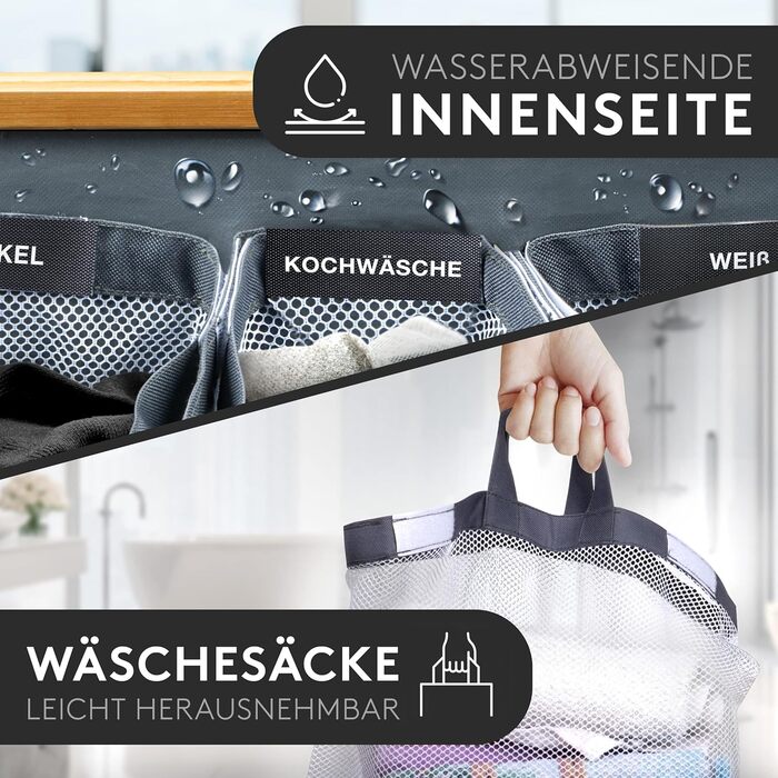 FALKENWERK Laundry Basket with Lid 145L - Water-Repellent Laundry Collector with 3 Compartments & Removable Laundry Bags - Foldable Laundry Box with Washing Instructions - Laundry Basket 3 Compartments