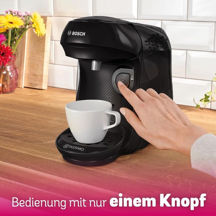 Кавомашина Tassimo Happy TAS1002N від Bosch: понад 70 напоїв, автоматична, для будь-яких чашок, компактна, 1400 Вт, колір антрацит