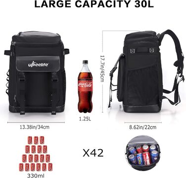 Рюкзак-холодильник Upeelife 30L з підкладкою для пікніка, чорний. Водонепроникний, для кемпінгу та пікніків