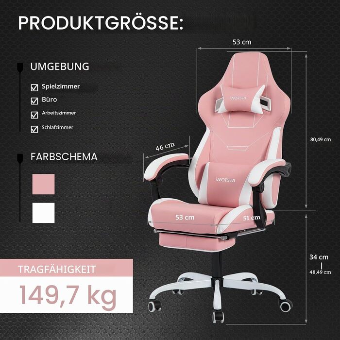 Геймерське крісло Ergonomisch з підставкою для ніг, регульоване, рожево-біле. Офісне крісло з підтримкою попереку для комп'ютера