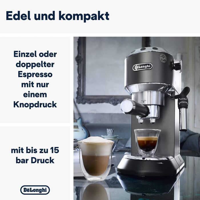 Еспресо-машина De'Longhi Dedica Style EC 685.B – компактна модель з професійним капучинатором, 1 л резервуар, чорний колір